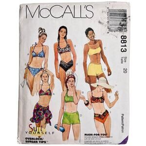 McCall's 8813 Sewing Pattern Misses' Two Piece Swimsuit & Sarong Size 20 Uncut